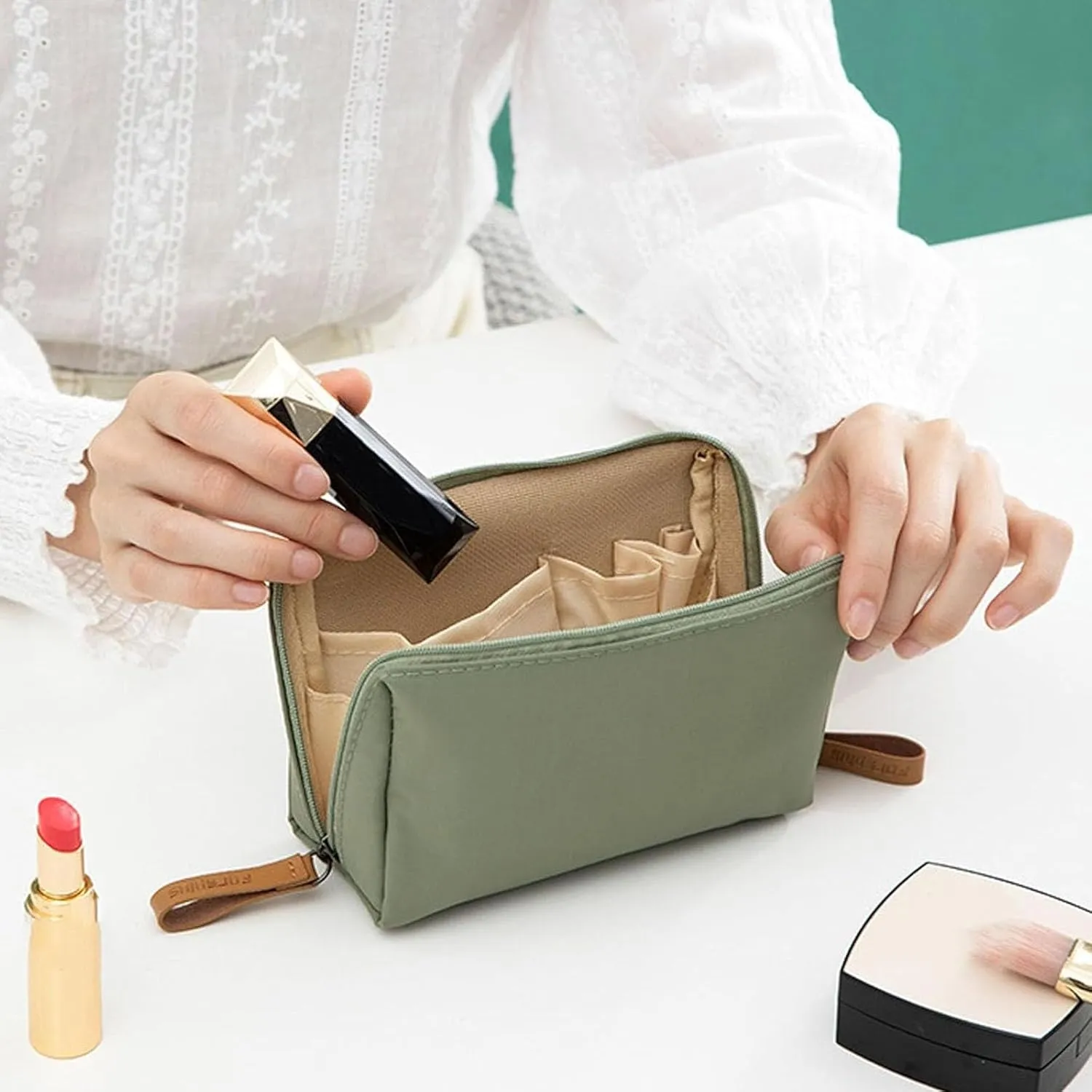 Tidynook Makeup Bag Small, Small Makeup Bag for Purse, Mini Lipstick Makeup Bag, Travel Mini Makeup Toiletry Bag for Purse, Purse Organizer Pouches, Compact Storage Pouch, Portable Handbag-Beige