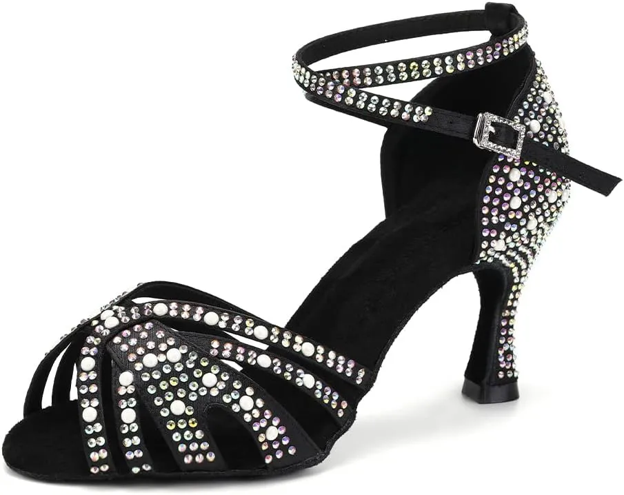 TINRYMX Latin Dance Shoes Women Rhinestones Tango Salsa Performance Ballroom Party Dance Shoes,YCL506-Black-7.5,US 9.5