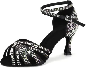 TINRYMX Latin Dance Shoes Women Rhinestones Tango Salsa Performance Ballroom Party Dance Shoes,YCL506-Black-7.5,US 9.5