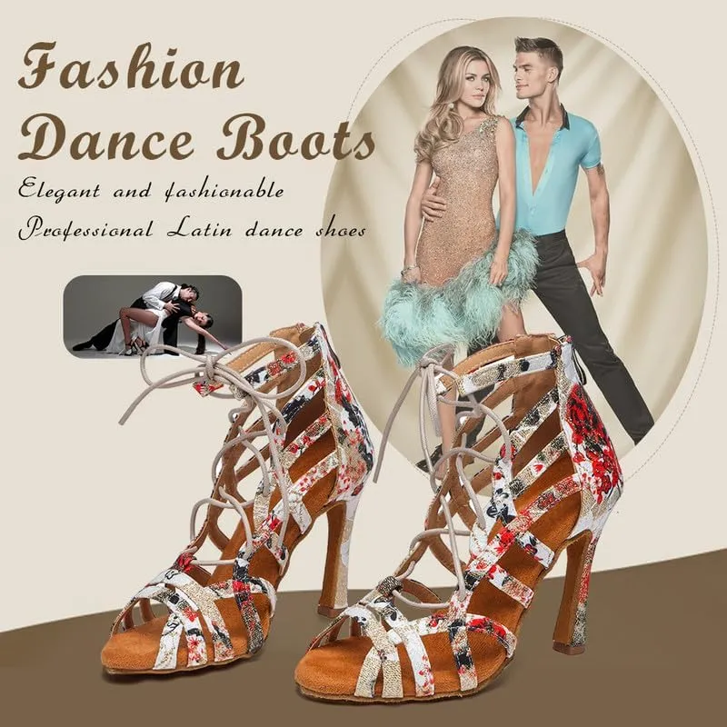 TINRYMX Women Ballroom Dance Shoes Ankle Latin Boots Lace-up Professional Performance Salsa Dance Shoes, Model-YCL539