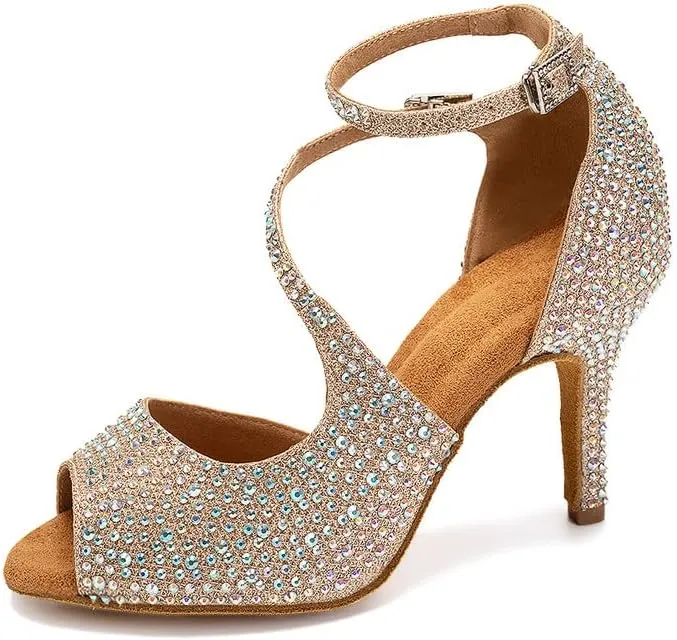 TINRYMX Women Rhinestone Ballroom Dance Shoes Sparkling Latin Salsa Performance Party Dance Shoes, Model-L549