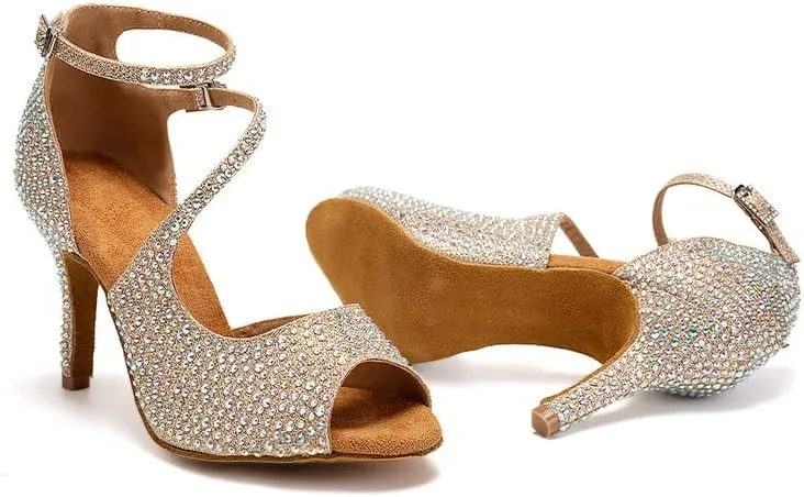 TINRYMX Women Rhinestone Ballroom Dance Shoes Sparkling Latin Salsa Performance Party Dance Shoes, Model-L549
