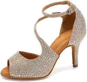 TINRYMX Women Rhinestone Ballroom Dance Shoes Sparkling Latin Salsa Performance Party Dance Shoes, Model-L549