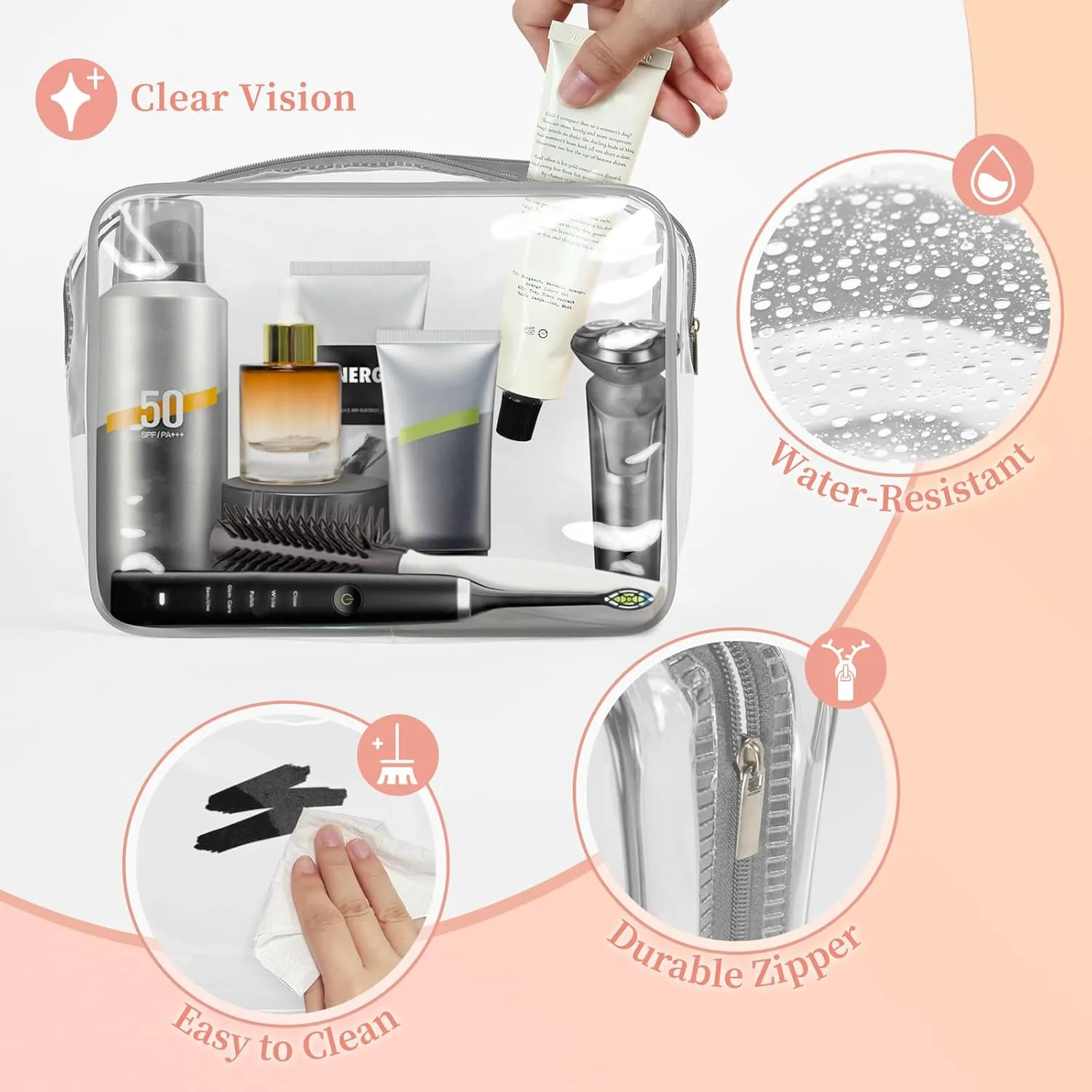 TISRATOK 12 PCS Clear Makeup Bag for Women with Zipper, TSA Approved Toiletry Pouch, Cosmetic Bag Bulk for Travel Organizer Essentials - Grey,Large