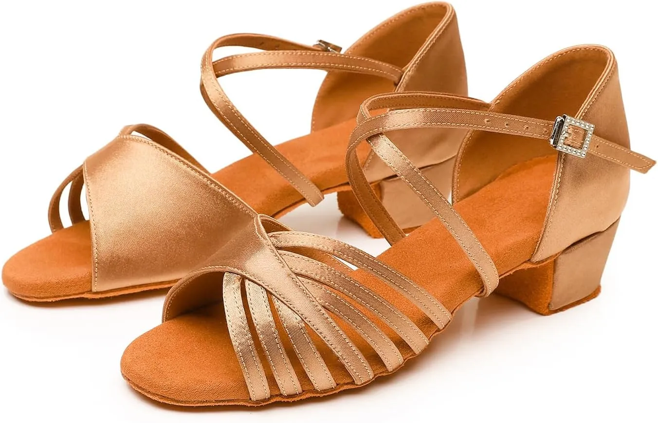 Toddler Girls Latin Dance Shoes Low Heel Kids Salsa Ballroom Dancing Shoes Practice Professional Performance, Model EM-L1050
