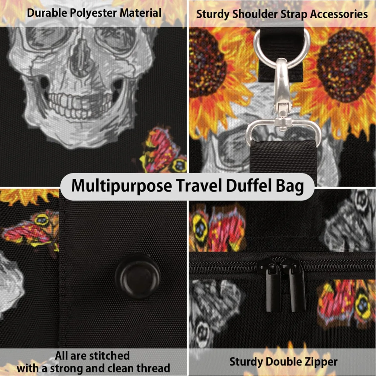 Travel Duffel Bag Sugar Skull Sunflower Sport Tote Gym Bag Waterproof Foldable Carryon Weekend Overnight Training Handbag Sports Duffle Bags for Women Men Boys Girls