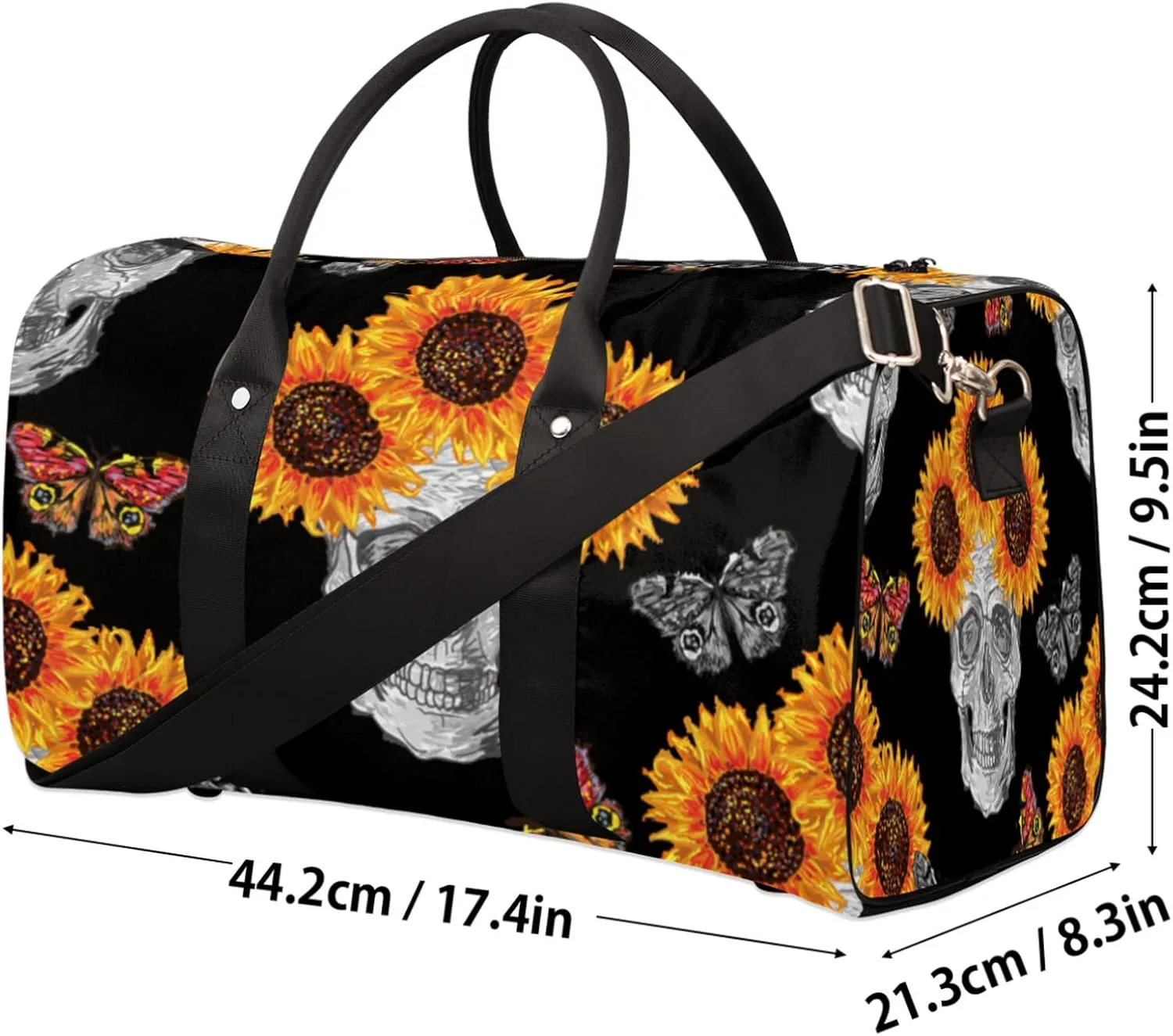 Travel Duffel Bag Sugar Skull Sunflower Sport Tote Gym Bag Waterproof Foldable Carryon Weekend Overnight Training Handbag Sports Duffle Bags for Women Men Boys Girls