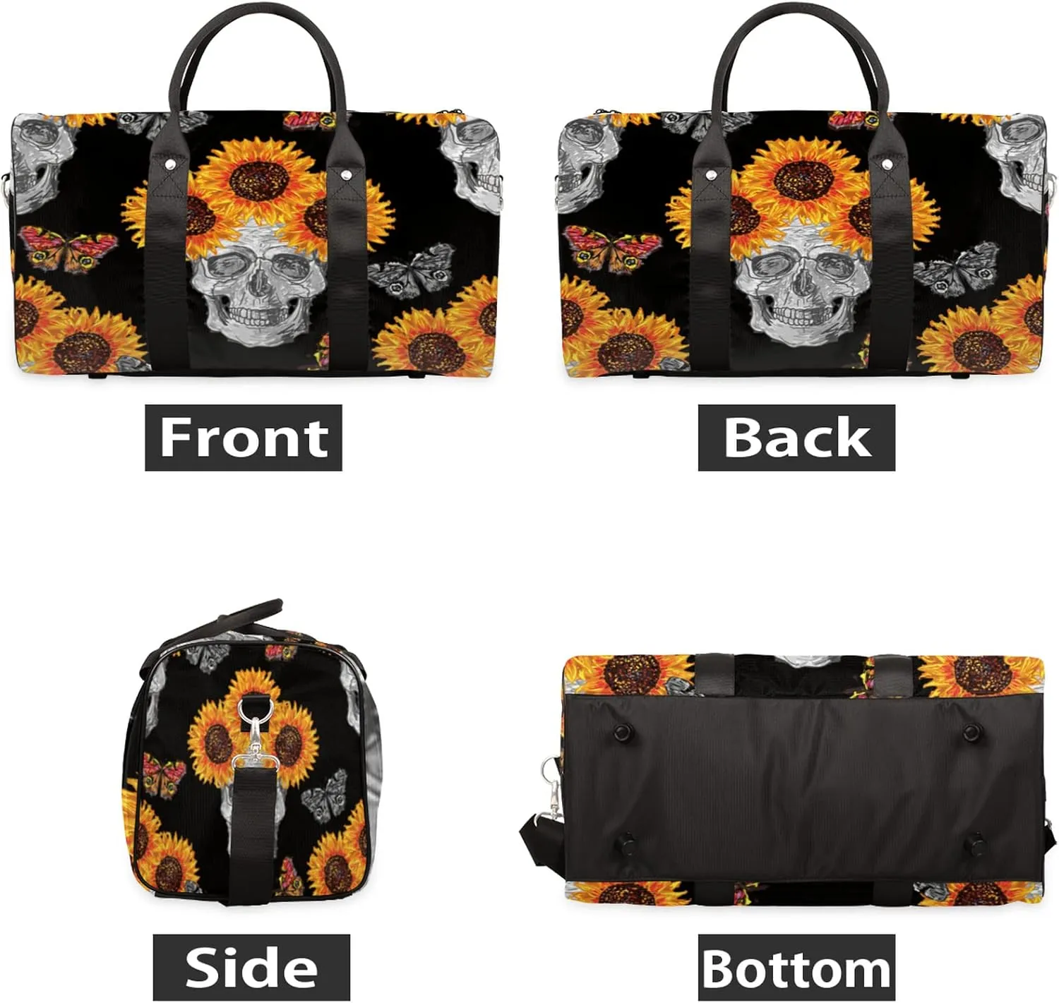 Travel Duffel Bag Sugar Skull Sunflower Sport Tote Gym Bag Waterproof Foldable Carryon Weekend Overnight Training Handbag Sports Duffle Bags for Women Men Boys Girls