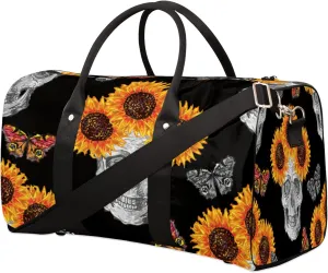 Travel Duffel Bag Sugar Skull Sunflower Sport Tote Gym Bag Waterproof Foldable Carryon Weekend Overnight Training Handbag Sports Duffle Bags for Women Men Boys Girls