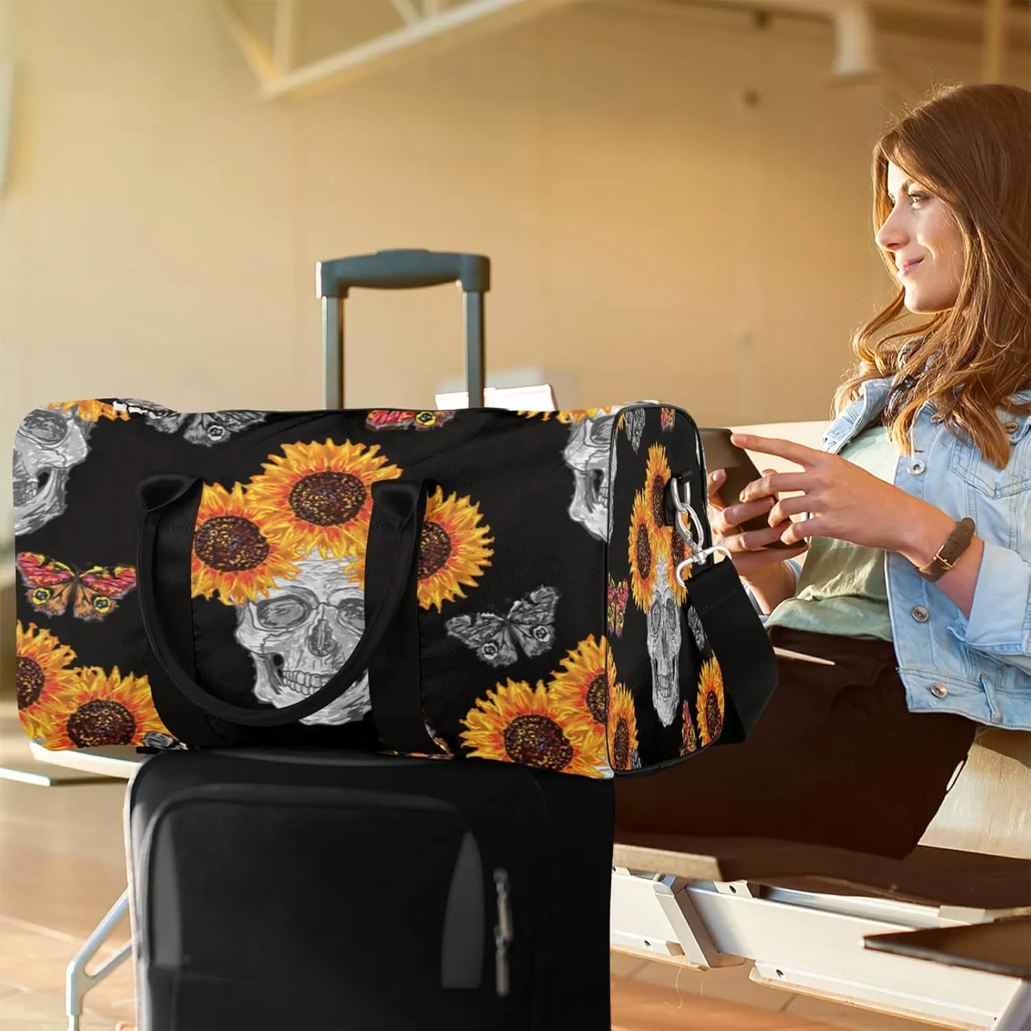 Travel Duffel Bag Sugar Skull Sunflower Sport Tote Gym Bag Waterproof Foldable Carryon Weekend Overnight Training Handbag Sports Duffle Bags for Women Men Boys Girls