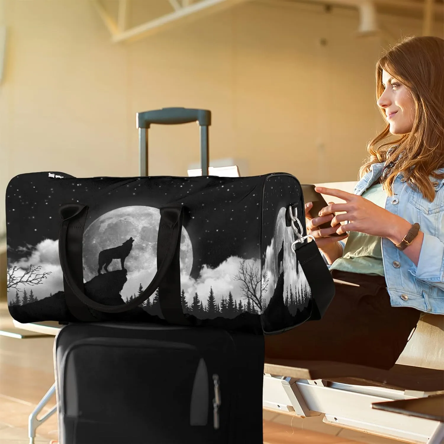 Travel Duffel Bag Wolf Moon Tree Theme Sport Tote Gym Bag Waterproof Foldable Carryon Weekend Overnight Training Handbag Sports Duffle Bags for Women Men Boys Girls
