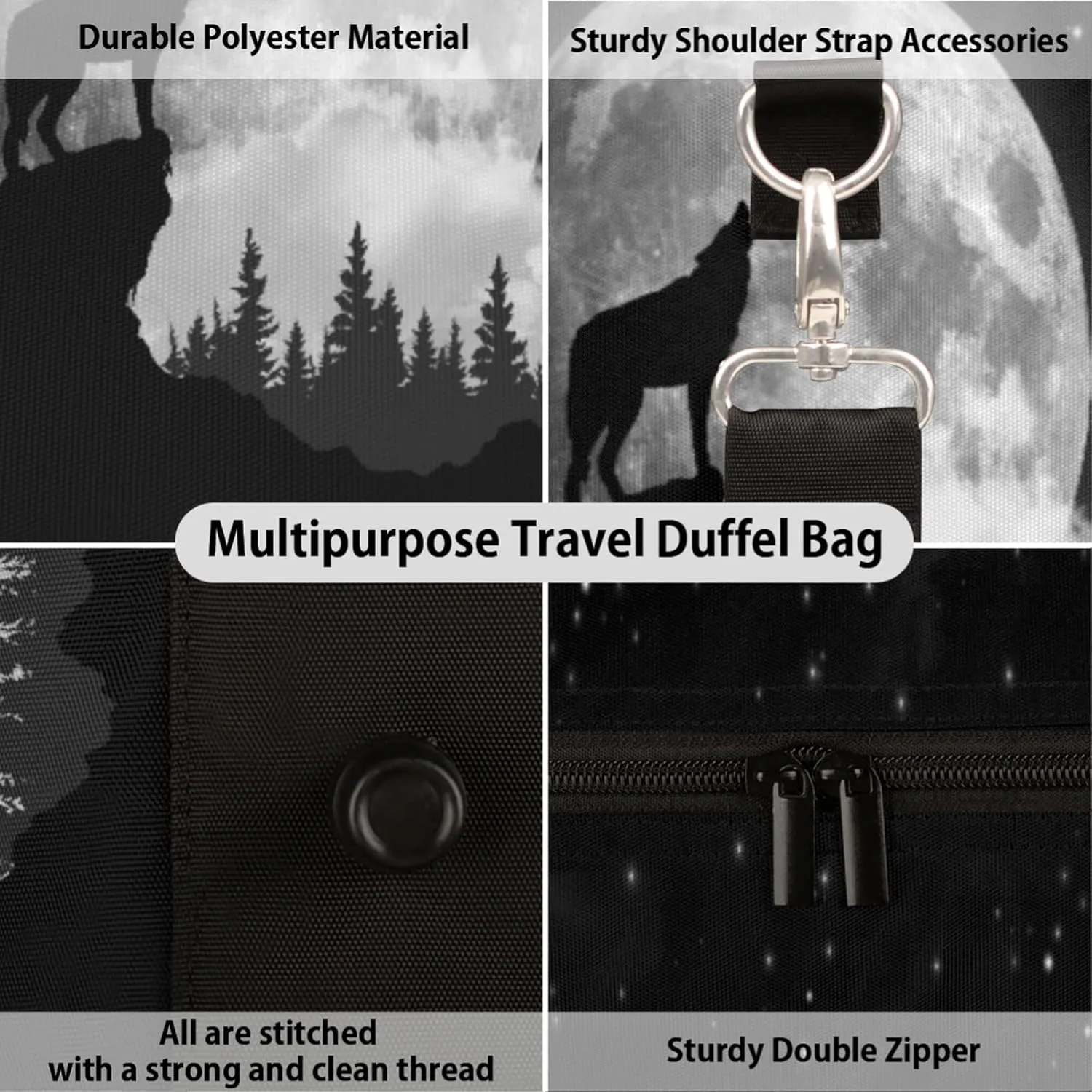 Travel Duffel Bag Wolf Moon Tree Theme Sport Tote Gym Bag Waterproof Foldable Carryon Weekend Overnight Training Handbag Sports Duffle Bags for Women Men Boys Girls