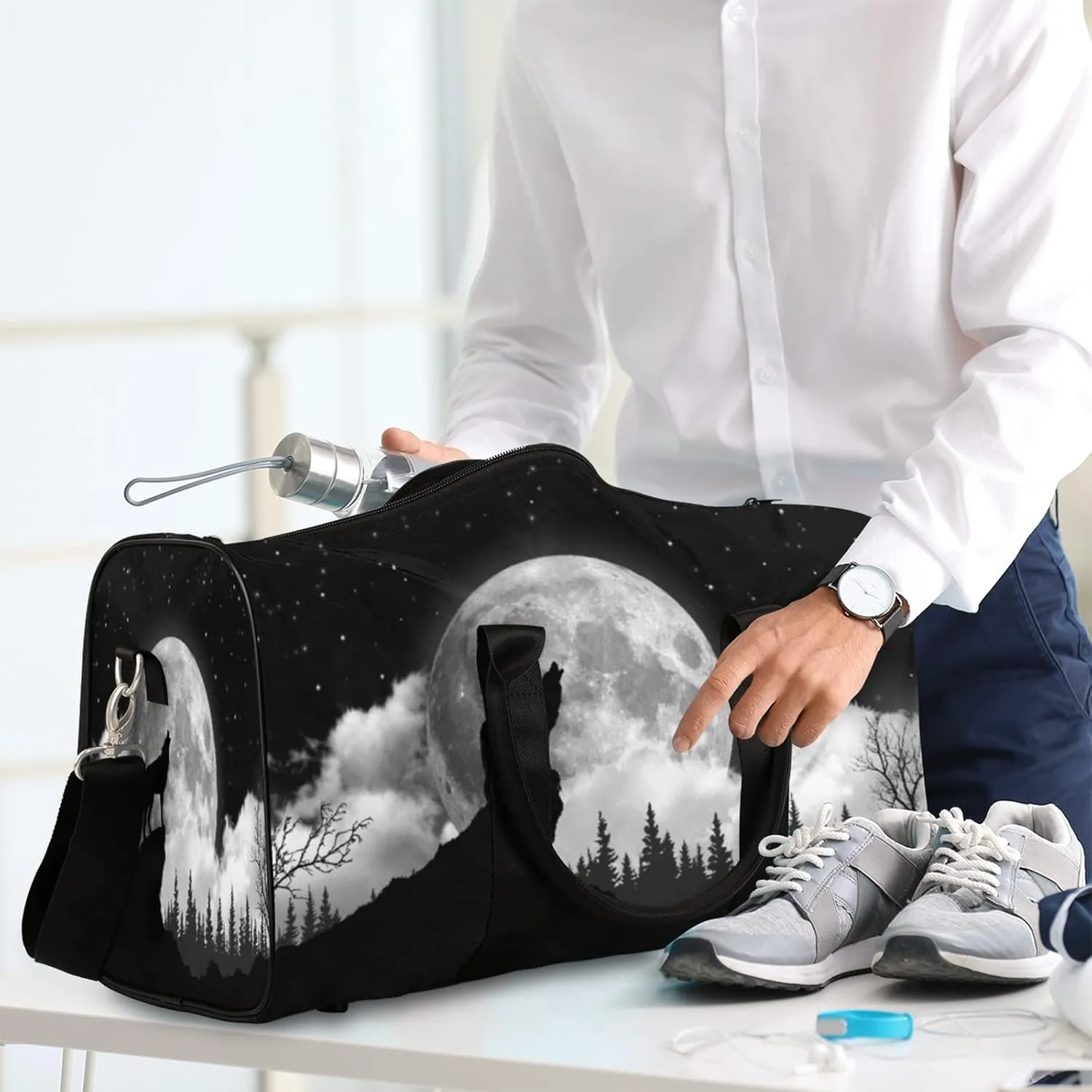 Travel Duffel Bag Wolf Moon Tree Theme Sport Tote Gym Bag Waterproof Foldable Carryon Weekend Overnight Training Handbag Sports Duffle Bags for Women Men Boys Girls