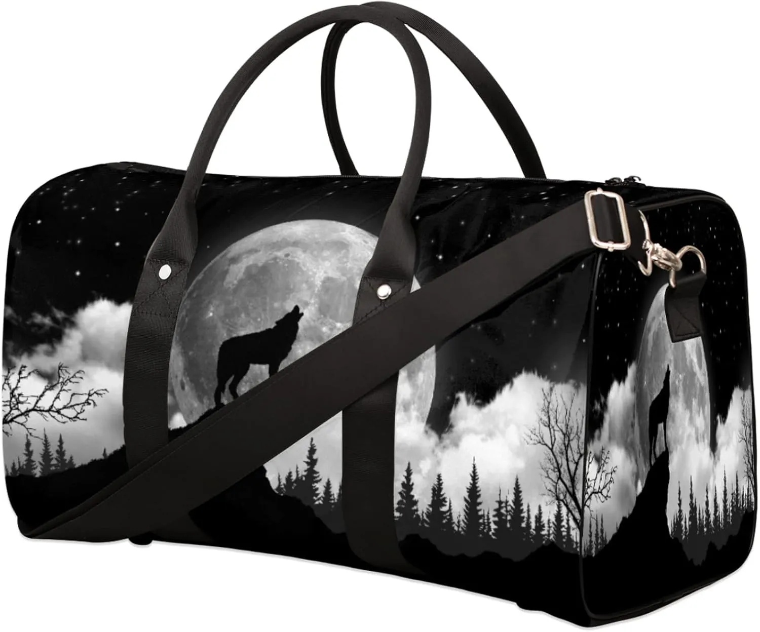Travel Duffel Bag Wolf Moon Tree Theme Sport Tote Gym Bag Waterproof Foldable Carryon Weekend Overnight Training Handbag Sports Duffle Bags for Women Men Boys Girls