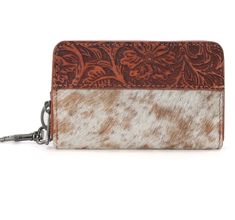 Trinity Ranch Genuine Cowhide Hair-On Floral Tooled Collection Mini Wallet