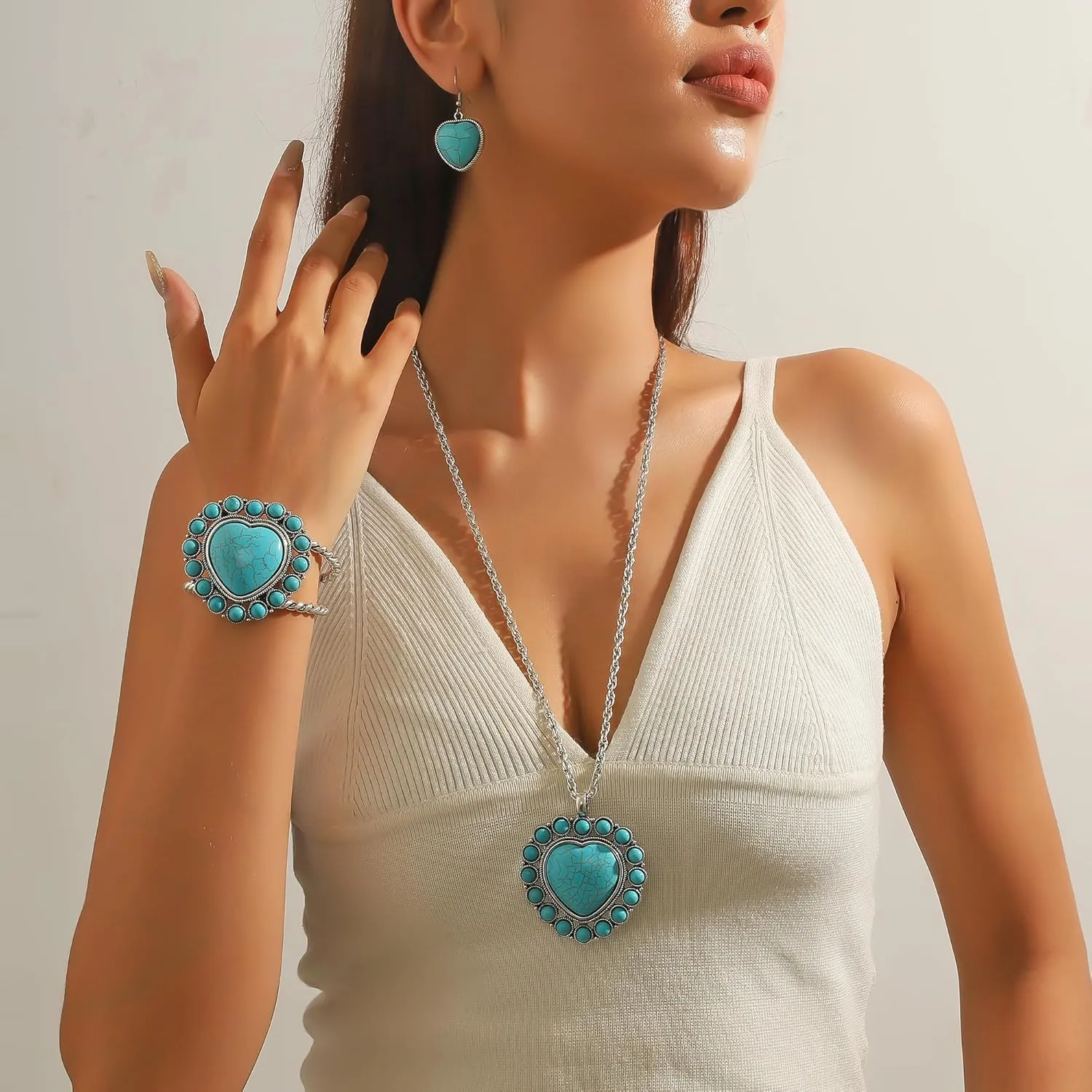 Turquoise Jewelry Set for Women - Turquoise Necklace Earrings Bracelet Boho Jewelry Set