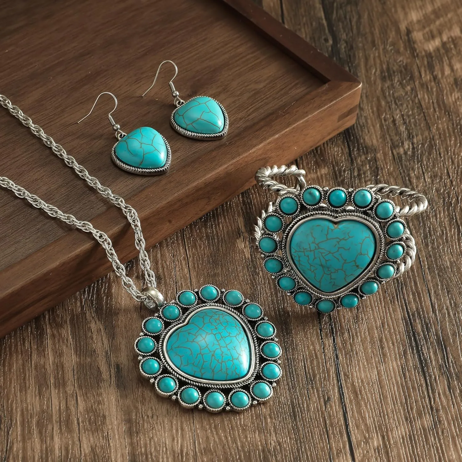 Turquoise Jewelry Set for Women - Turquoise Necklace Earrings Bracelet Boho Jewelry Set