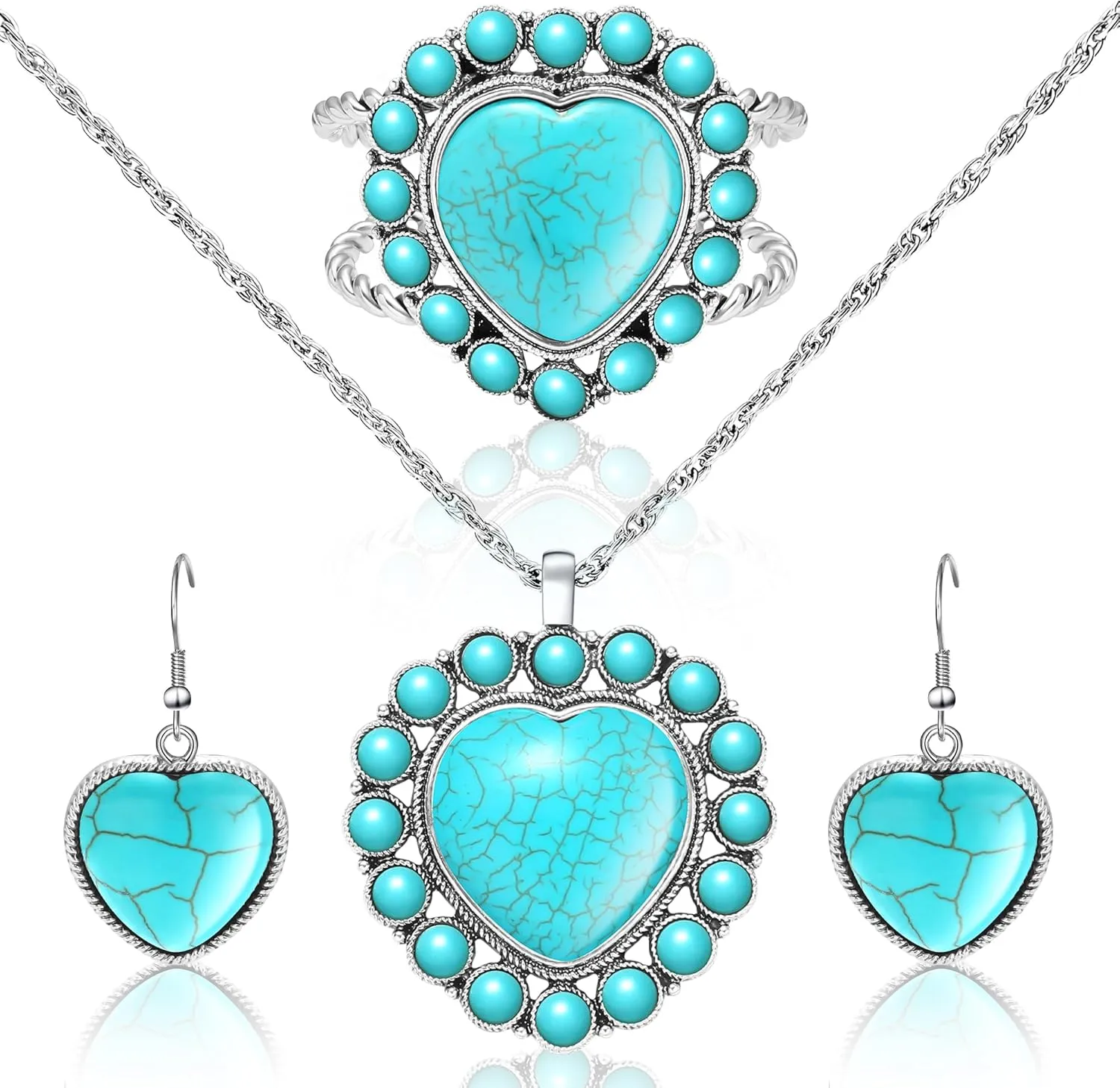 Turquoise Jewelry Set for Women - Turquoise Necklace Earrings Bracelet Boho Jewelry Set