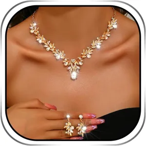 Urieo Gold Prom Jewelry Set Rhinestone Necklace Earring Wedding Jewelry Accessories for Women