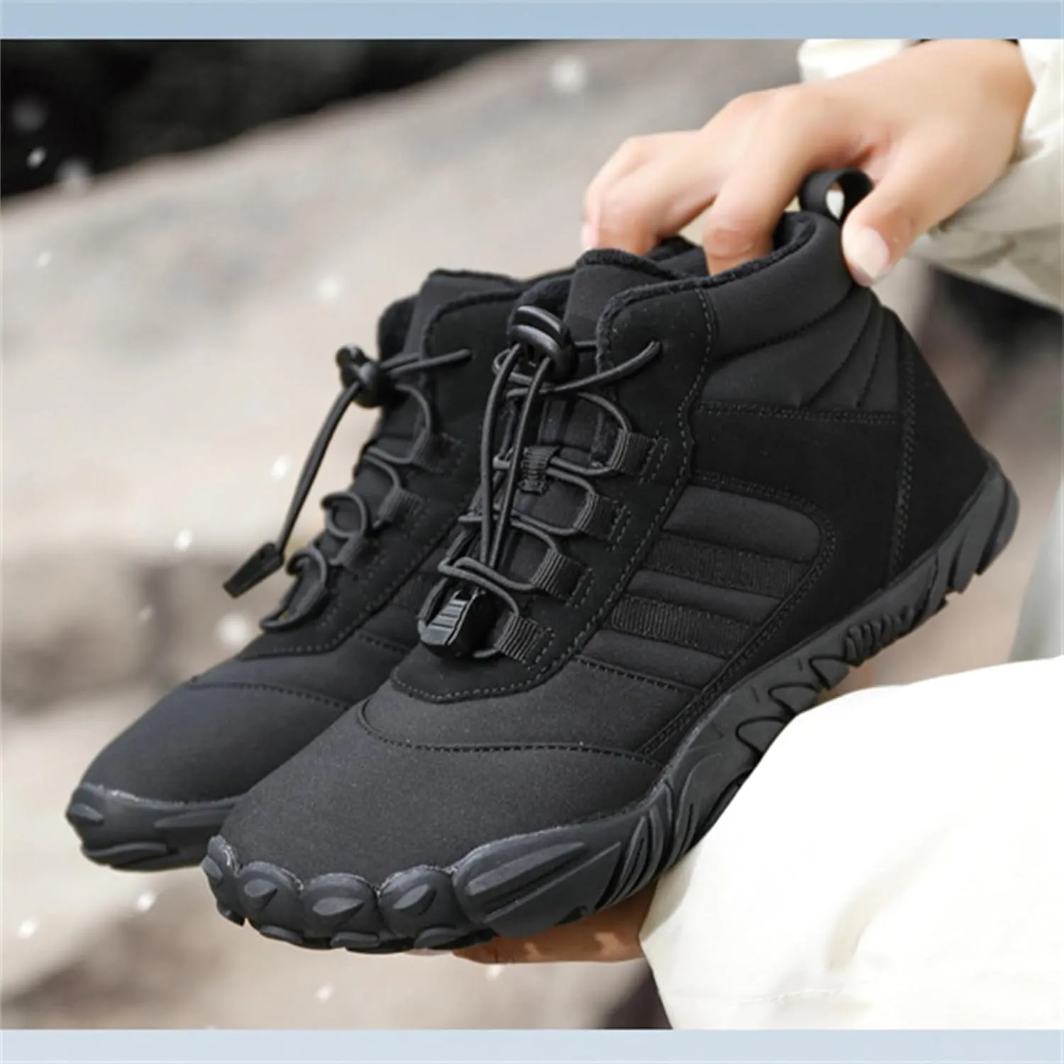 UZUJBAA Men's Winter Warm Wide Toe Barefoot Shoes,Waterproof Fur Lined Minimalist Zero Drop Non-Slip Sole Sneakers Hiking Walking Shoes Comfort Outdoor Ankle Booties with Adjustable Elastic Band