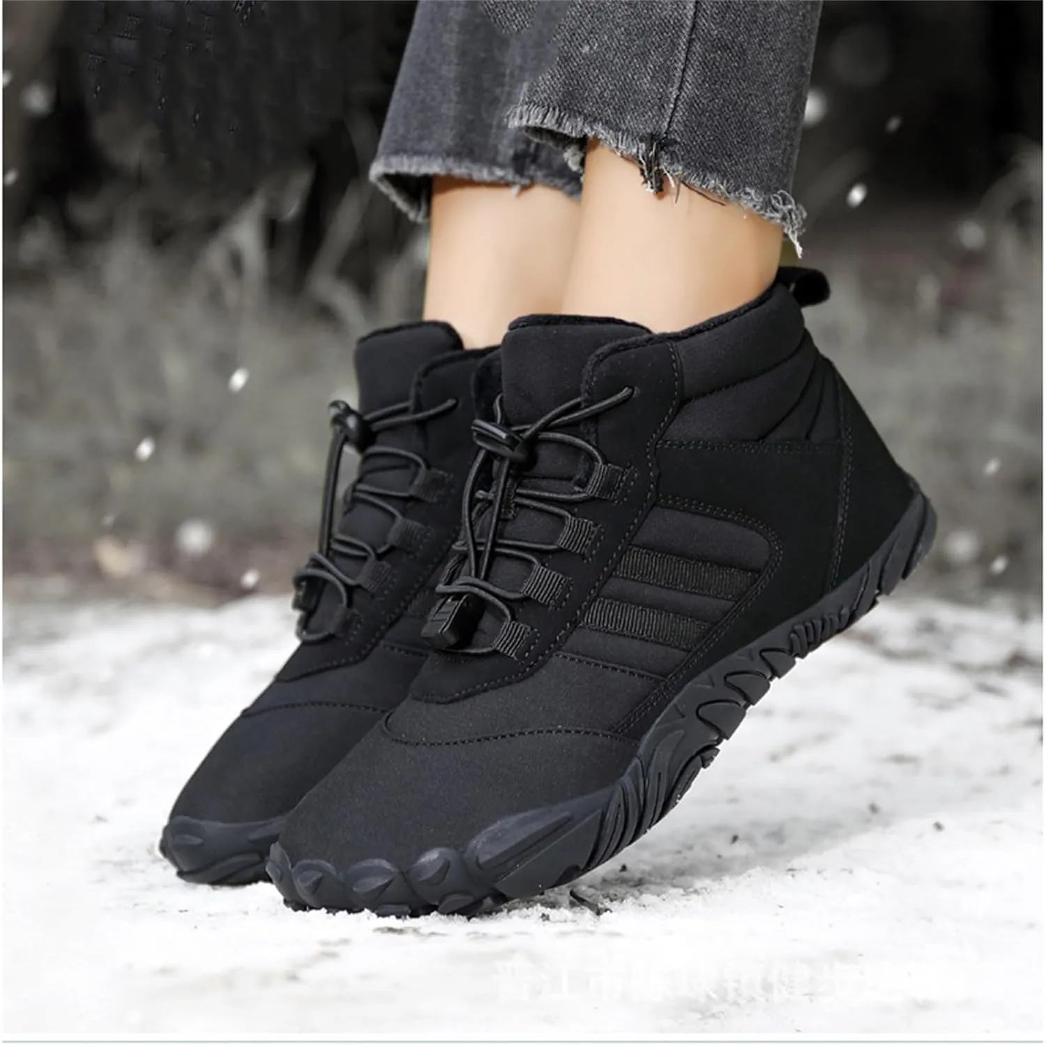 UZUJBAA Men's Winter Warm Wide Toe Barefoot Shoes,Waterproof Fur Lined Minimalist Zero Drop Non-Slip Sole Sneakers Hiking Walking Shoes Comfort Outdoor Ankle Booties with Adjustable Elastic Band
