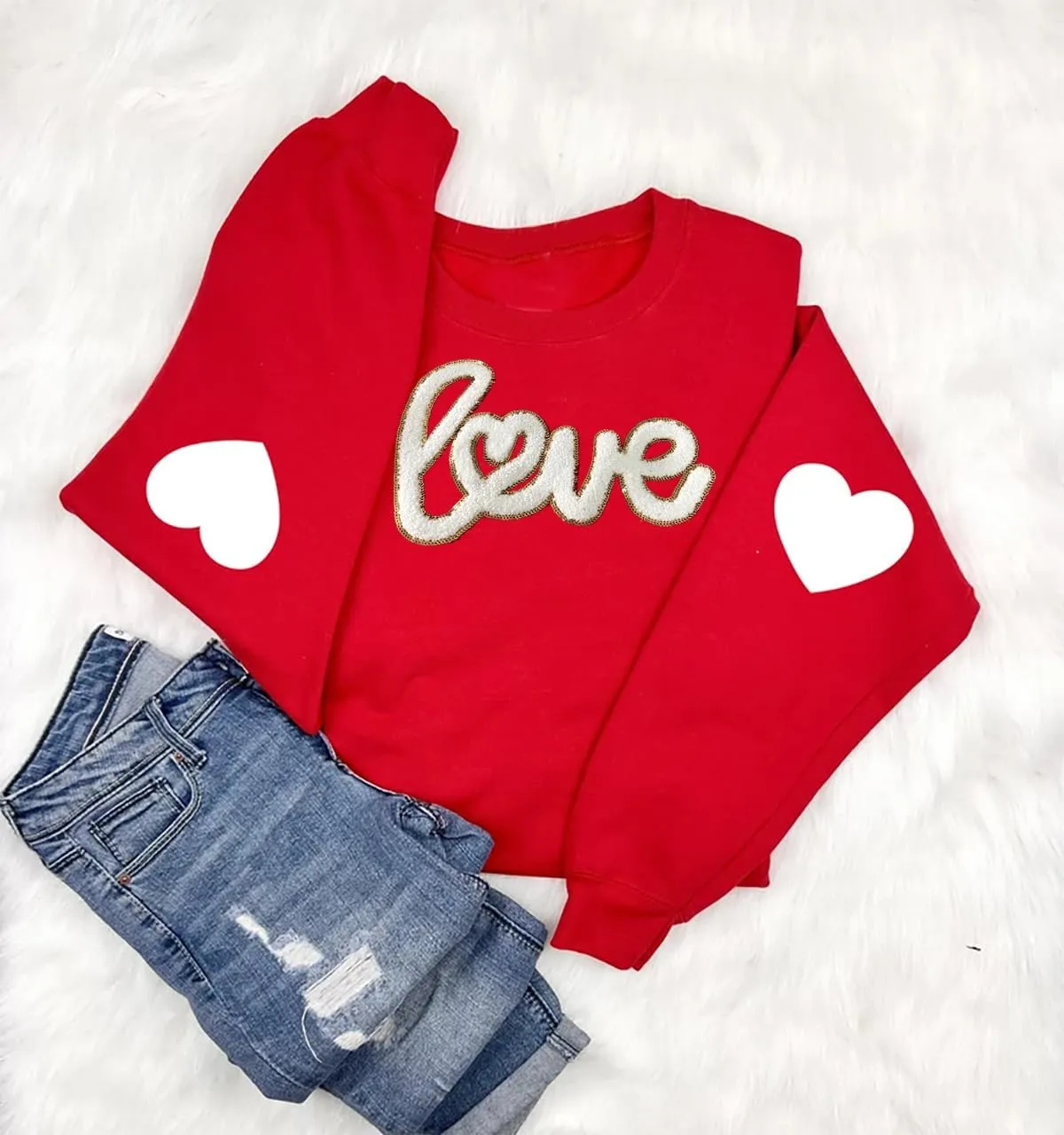 Valentine's Sweatshirt Women Love Heart Graphic Pullover Top Chenille Patch Valentines Gifts Shirt