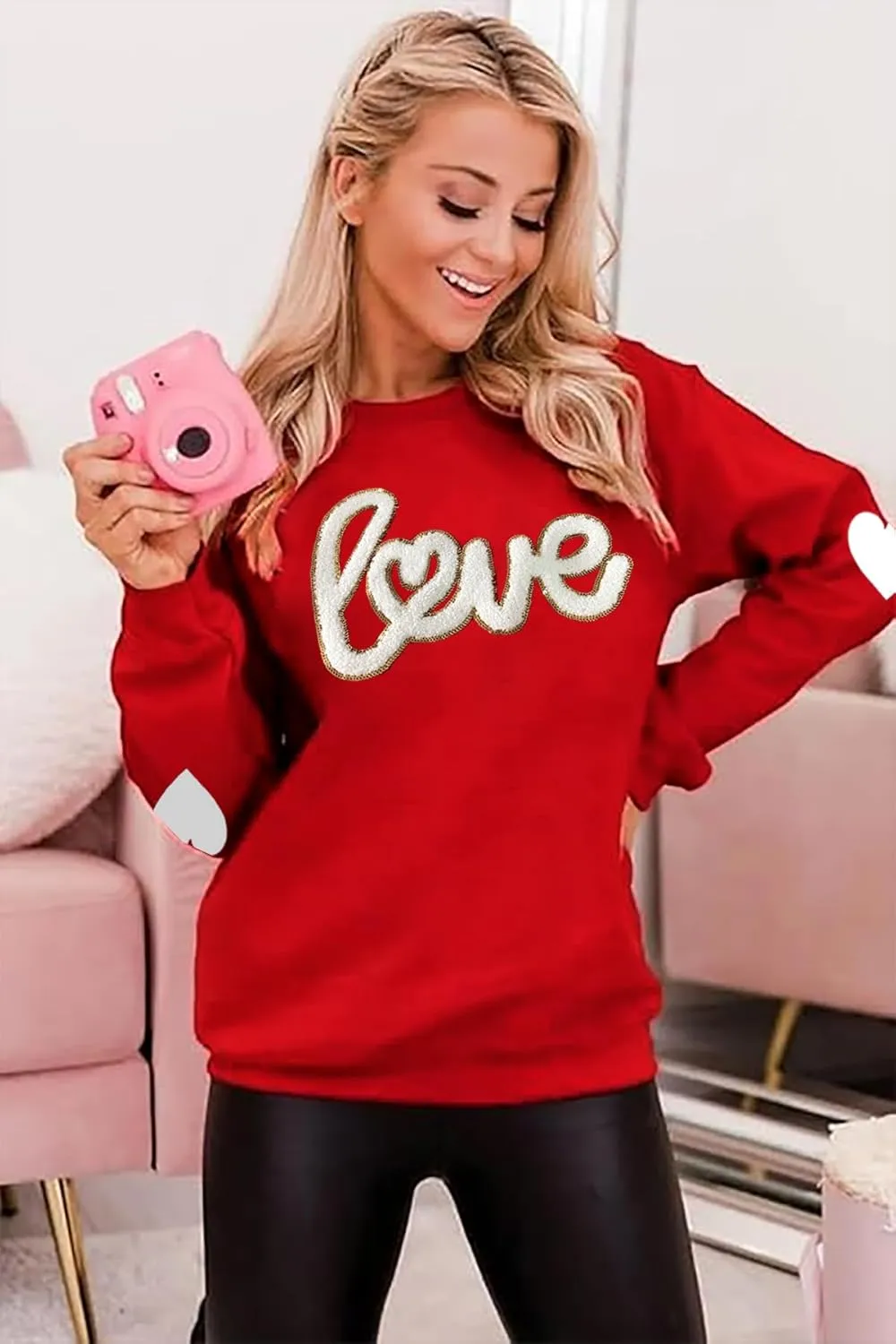 Valentine's Sweatshirt Women Love Heart Graphic Pullover Top Chenille Patch Valentines Gifts Shirt