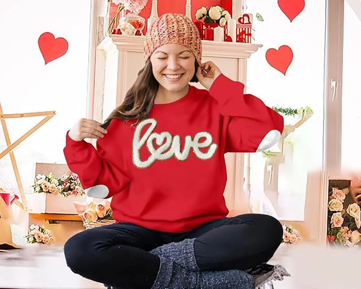 Valentine's Sweatshirt Women Love Heart Graphic Pullover Top Chenille Patch Valentines Gifts Shirt