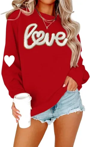 Valentine's Sweatshirt Women Love Heart Graphic Pullover Top Chenille Patch Valentines Gifts Shirt