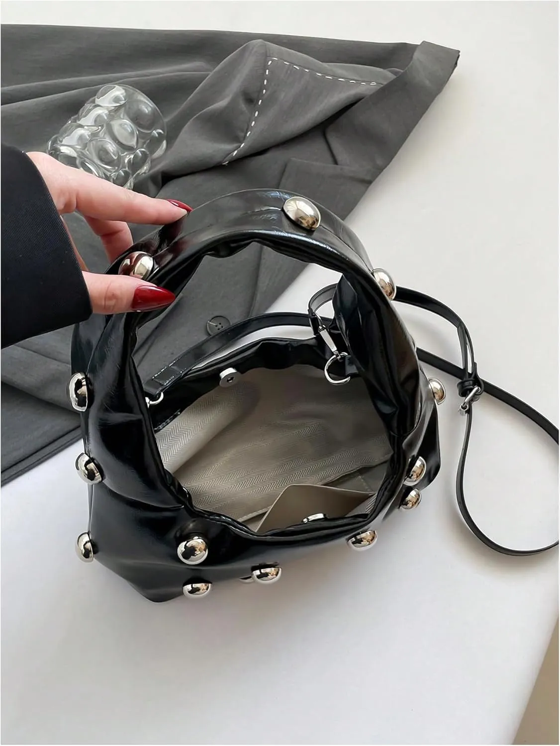 Verdusa Women's Studded Leather Shoulder Handbags Y2k Punk Top Handle Crescent Crossbody Bags
