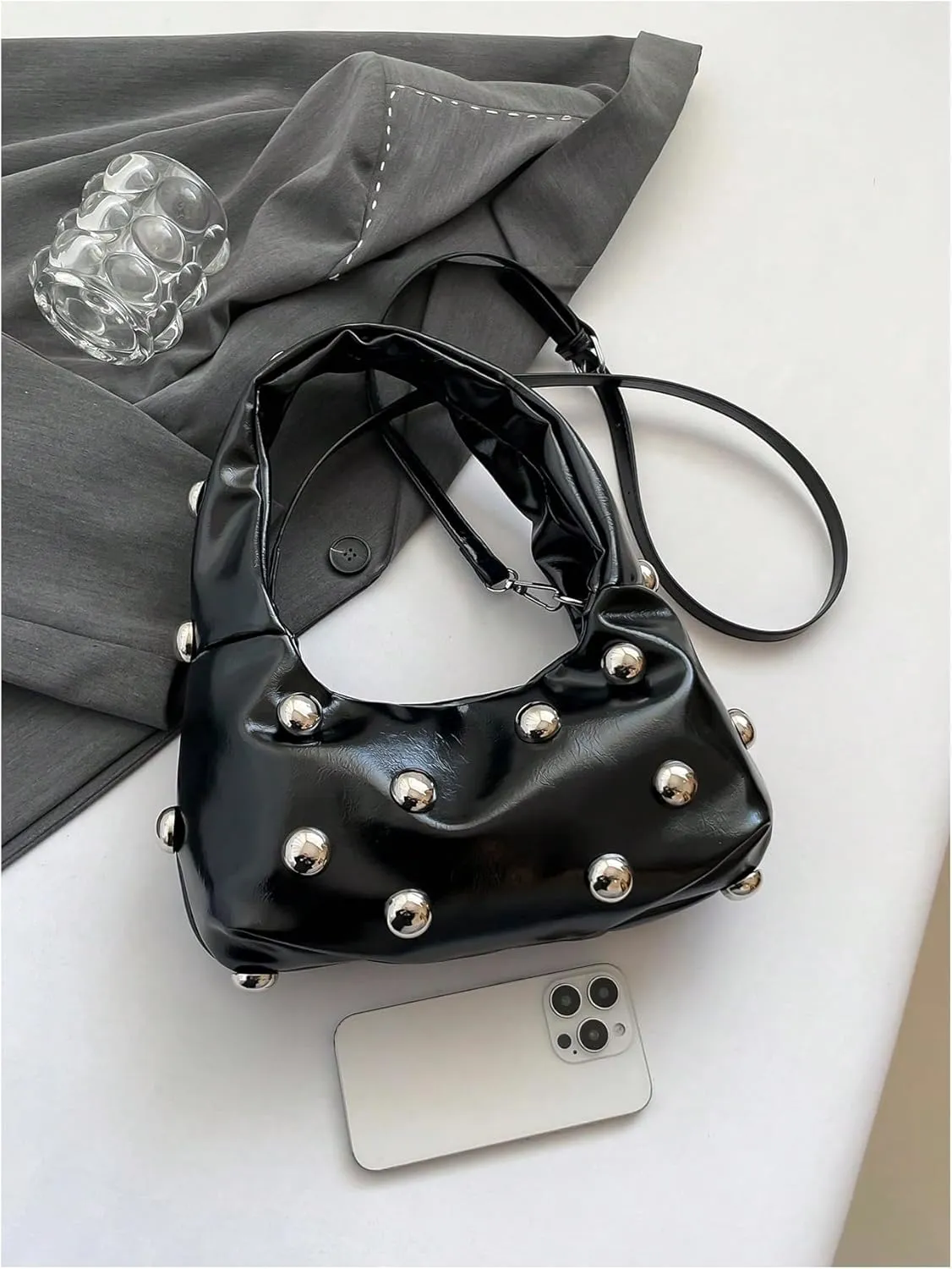 Verdusa Women's Studded Leather Shoulder Handbags Y2k Punk Top Handle Crescent Crossbody Bags