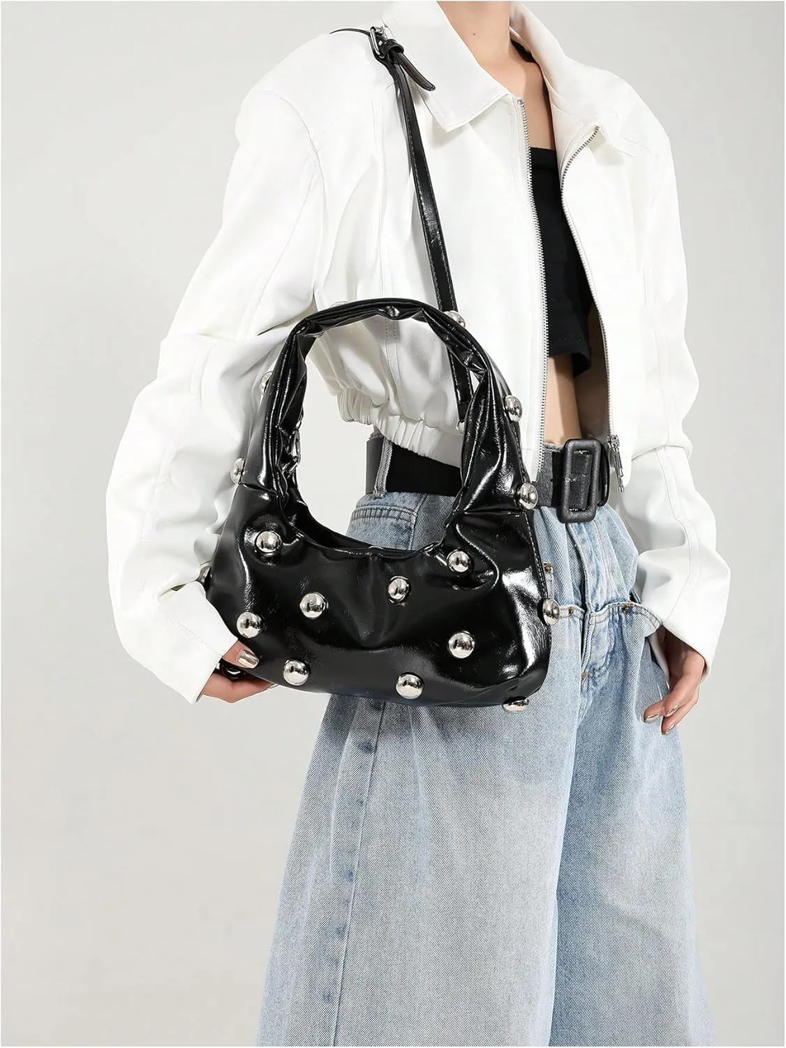 Verdusa Women's Studded Leather Shoulder Handbags Y2k Punk Top Handle Crescent Crossbody Bags