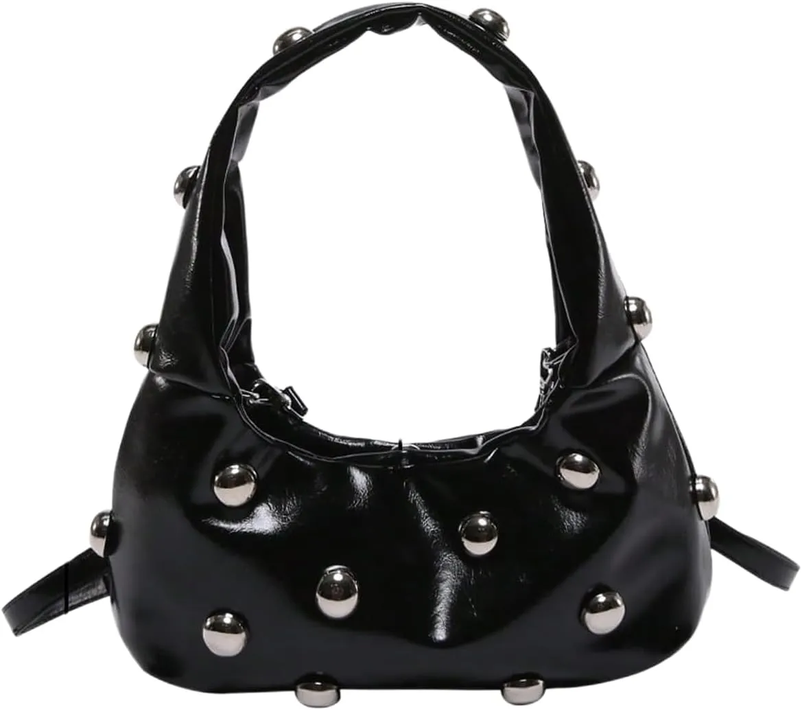 Verdusa Women's Studded Leather Shoulder Handbags Y2k Punk Top Handle Crescent Crossbody Bags