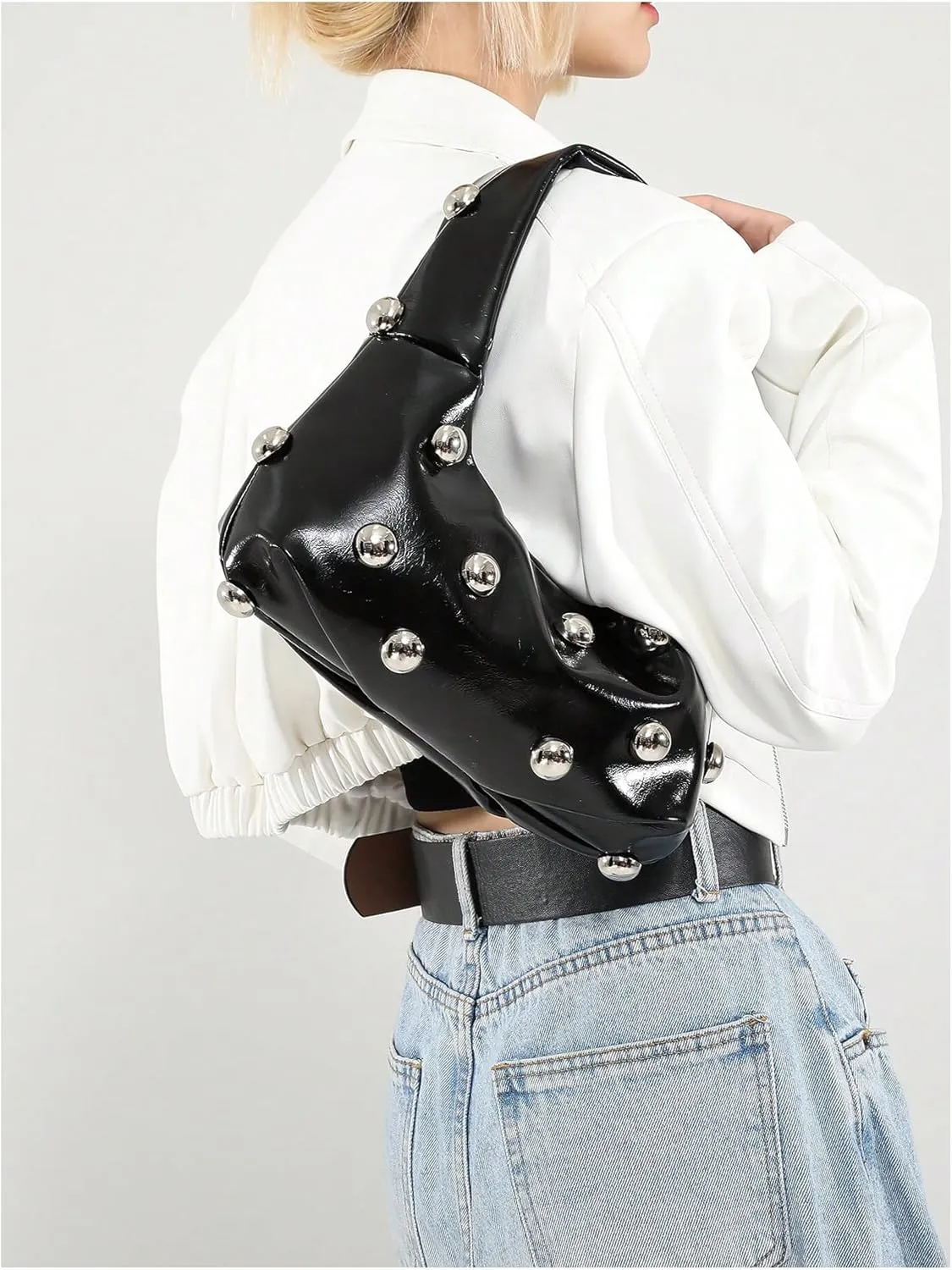 Verdusa Women's Studded Leather Shoulder Handbags Y2k Punk Top Handle Crescent Crossbody Bags