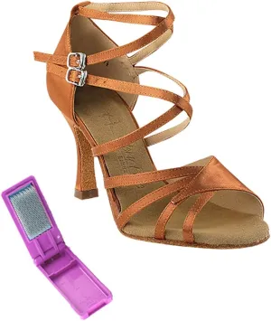 Very Fine Dance Shoes - Ladies Latin, Rhythm, Salsa, Waltz Ballroom Dance Shoes - SERA1662B - 2.5-inch Heel and Foldable Brush Bundle - Dark Tan Satin - 6.5