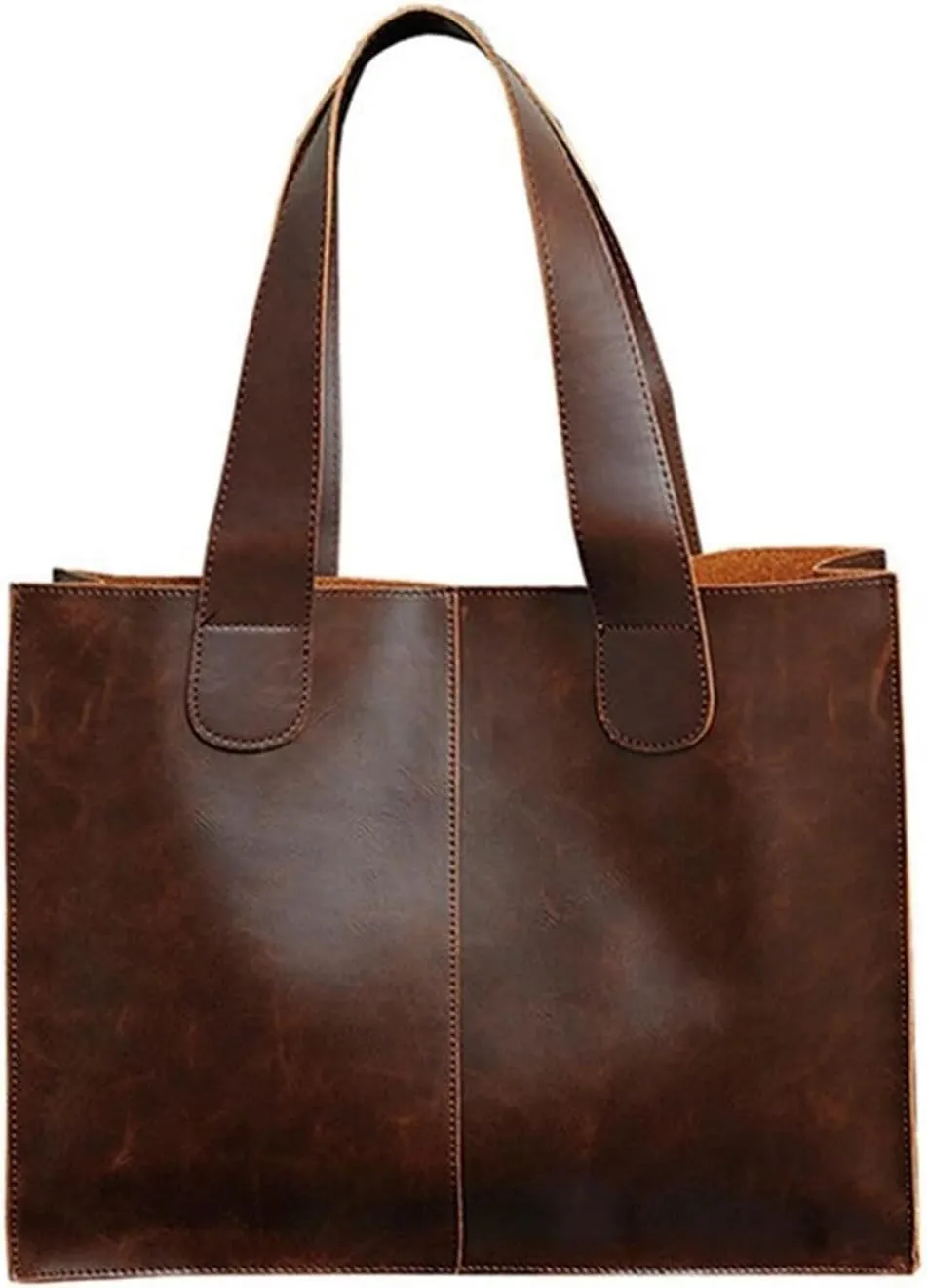 Vintage Leather Mens Handbag Briefcase, Large Capacity Business Office Shoulder Bag (Brown)