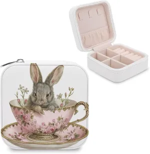 Vintage Pink And Gold Floral Teacup And Saucer Travel Jewelry Case,bunny Sitting Inside Whimsical Small Jewelry Box Jewelry Organizer Portable PU Leather Mini Jewelry Case for Girls Womens Earring Nec