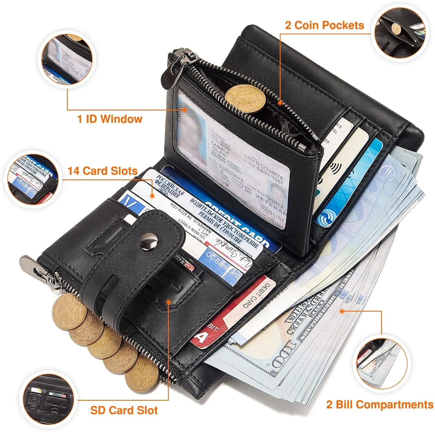 Wallet with Chain,Genuine Leather Purse RFID Blocking Bifold Double Zipper Coin Pocket with Anti-Theft Chain, Pickpocket Proof Chain Wallets for Men (Black)