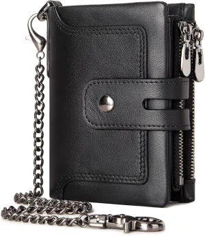 Wallet with Chain,Genuine Leather Purse RFID Blocking Bifold Double Zipper Coin Pocket with Anti-Theft Chain, Pickpocket Proof Chain Wallets for Men (Black)
