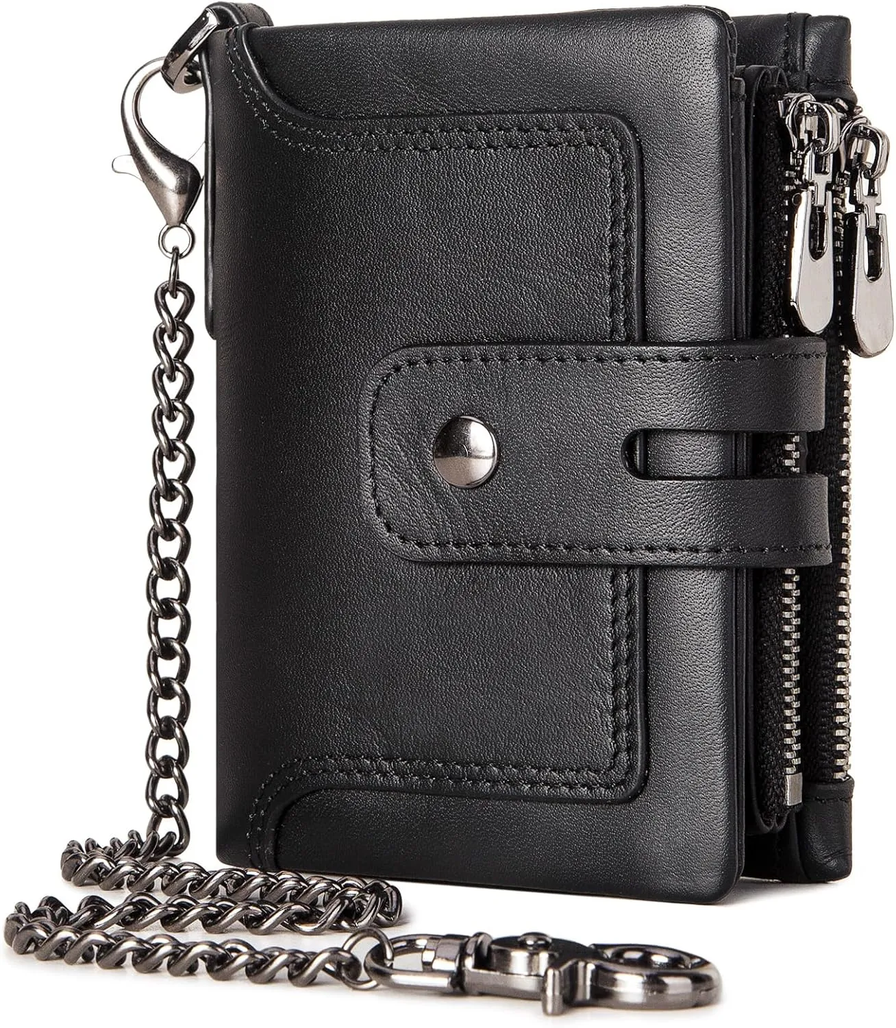 Wallet with Chain,Genuine Leather Purse RFID Blocking Bifold Double Zipper Coin Pocket with Anti-Theft Chain, Pickpocket Proof Chain Wallets for Men (Black)