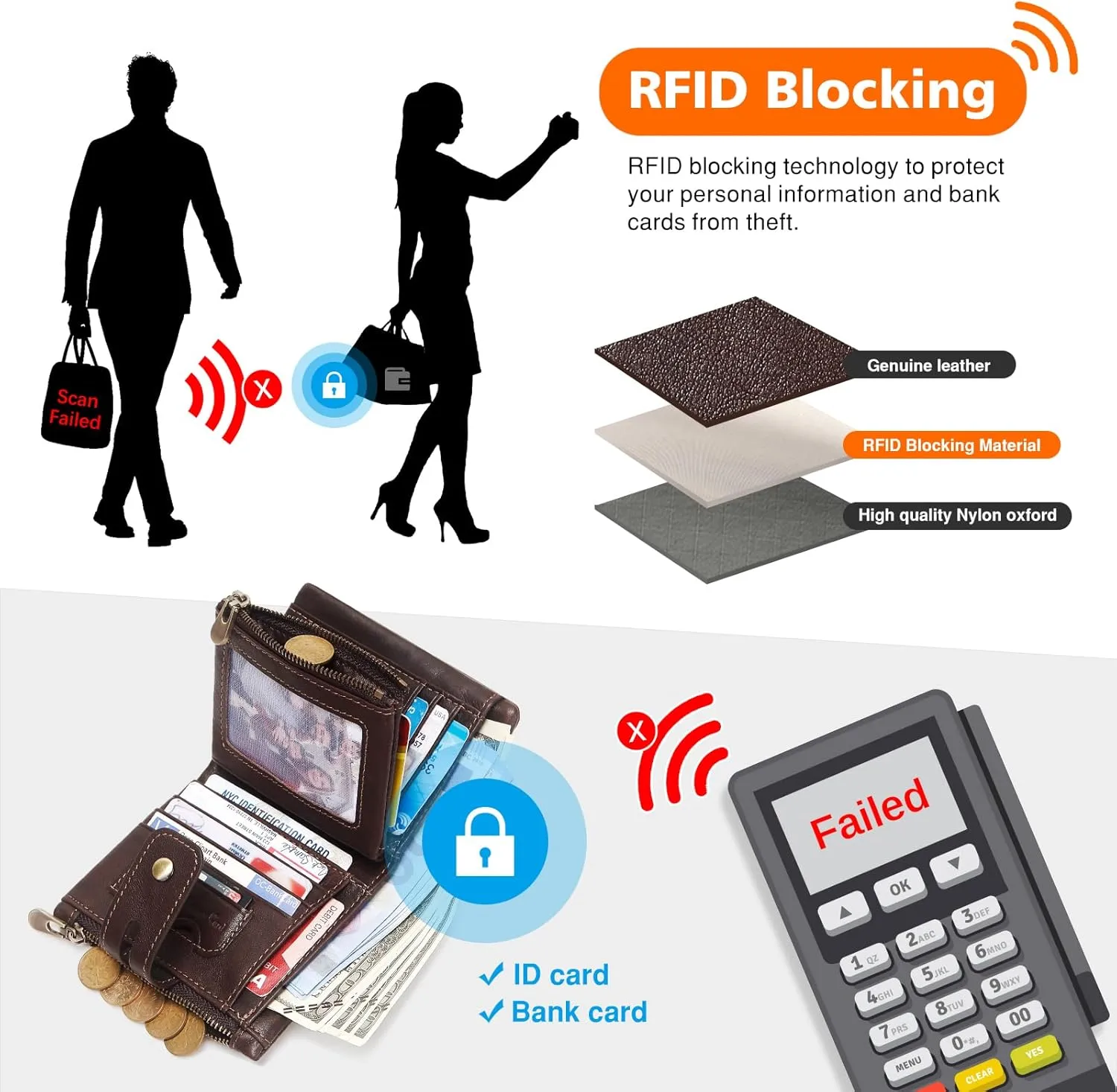 Wallet with Chain,Genuine Leather Purse RFID Blocking Bifold Double Zipper Coin Pocket with Anti-Theft Chain, Pickpocket Proof Chain Wallets for Men (Dark Coffee)