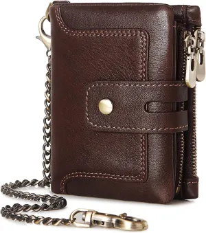 Wallet with Chain,Genuine Leather Purse RFID Blocking Bifold Double Zipper Coin Pocket with Anti-Theft Chain, Pickpocket Proof Chain Wallets for Men (Dark Coffee)