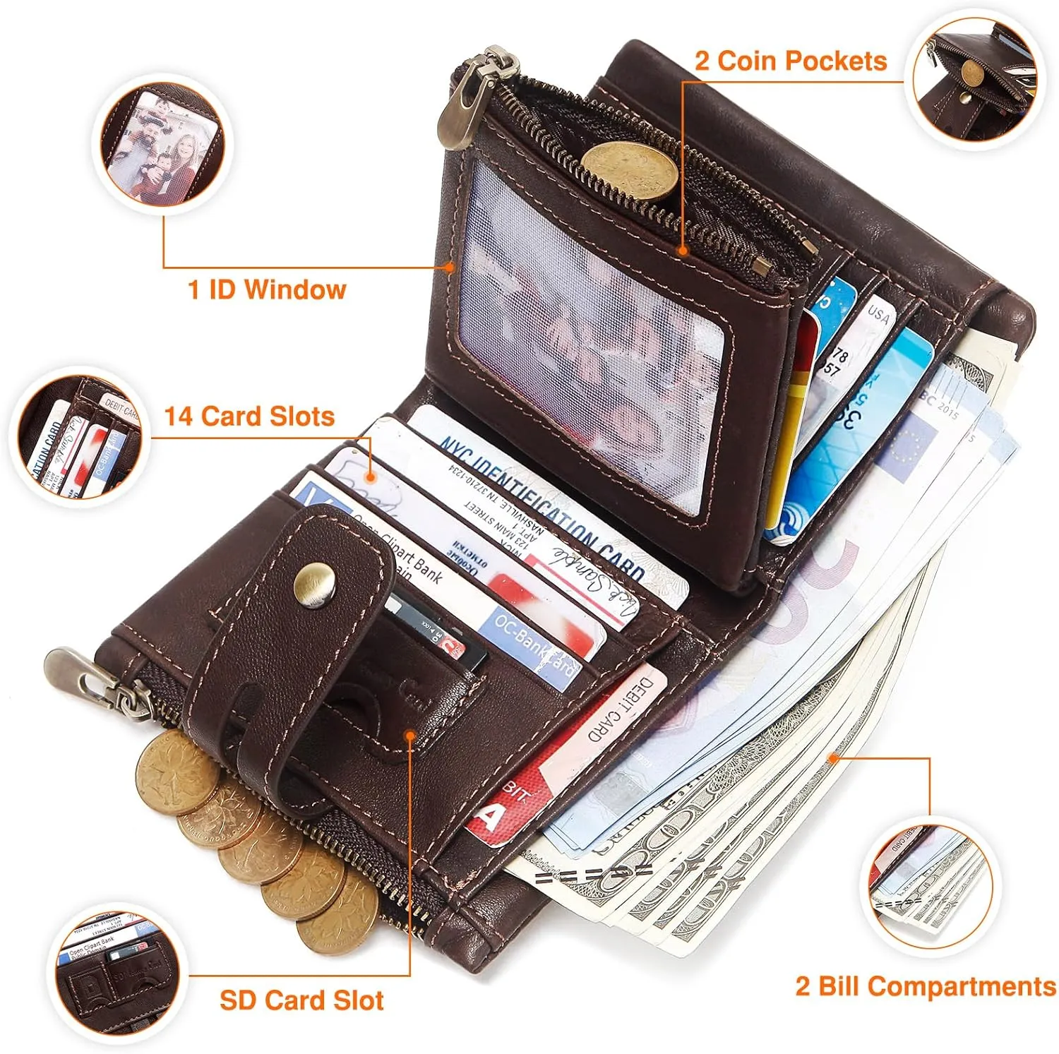 Wallet with Chain,Genuine Leather Purse RFID Blocking Bifold Double Zipper Coin Pocket with Anti-Theft Chain, Pickpocket Proof Chain Wallets for Men (Dark Coffee)