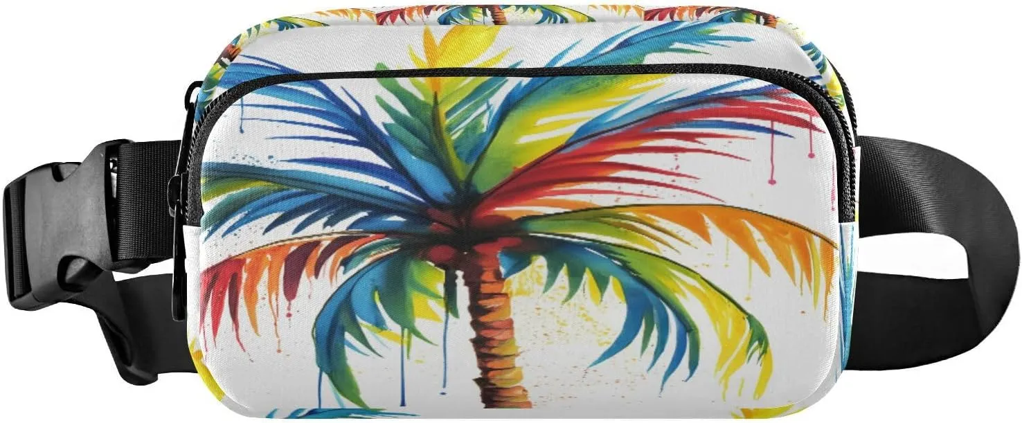 Watercolor Palm Tree White Fanny Packs for Women Crossbody Bags Everywhere Belt Bag with Adjustable Strap Fashion Waist Pack for Travel Daily Running