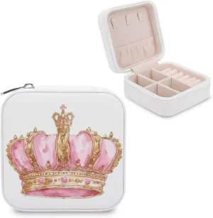 Watercolor Pink And Gold Crown for Princess Travel Jewelry Case,trendy Girl Small Jewelry Box Jewelry Organizer Portable PU Leather Mini Jewelry Case for Girls Womens Earring Necklace Rings Bracelet
