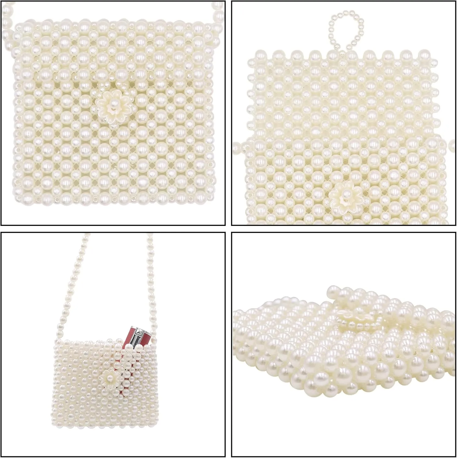 White Pearl Purse Shoulder Bag for Women Girls Purse Pearl Beaded Clutch for Prom Wedding Date,Flap Evening Bag 6#