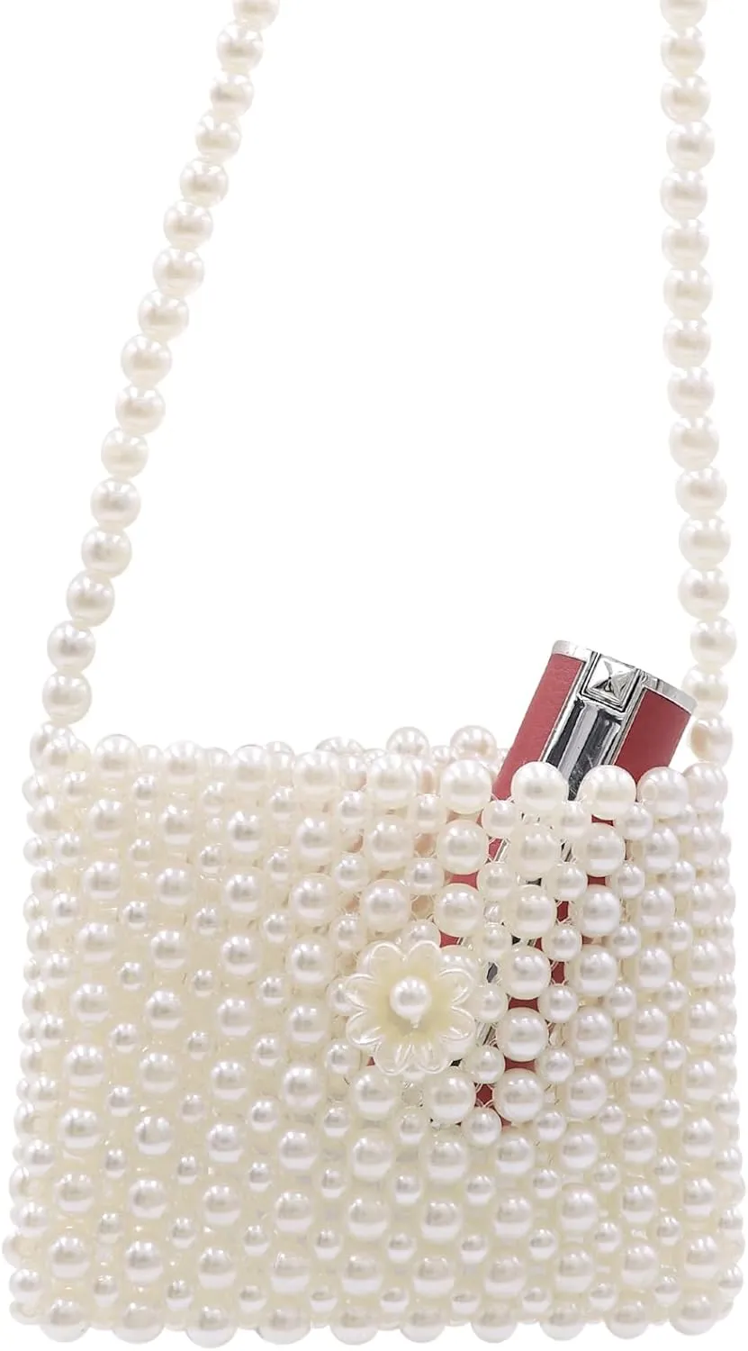 White Pearl Purse Shoulder Bag for Women Girls Purse Pearl Beaded Clutch for Prom Wedding Date,Flap Evening Bag 6#
