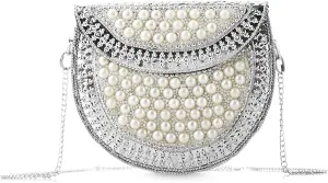 White Pearl Purse Shoulder Bag for Women Purse Pearl Beaded Clutch Bag Crossbody Beaded Clutch Evening Bag for Prom Party Wedding Date 10 x 8.8 x 3.8 (IN)