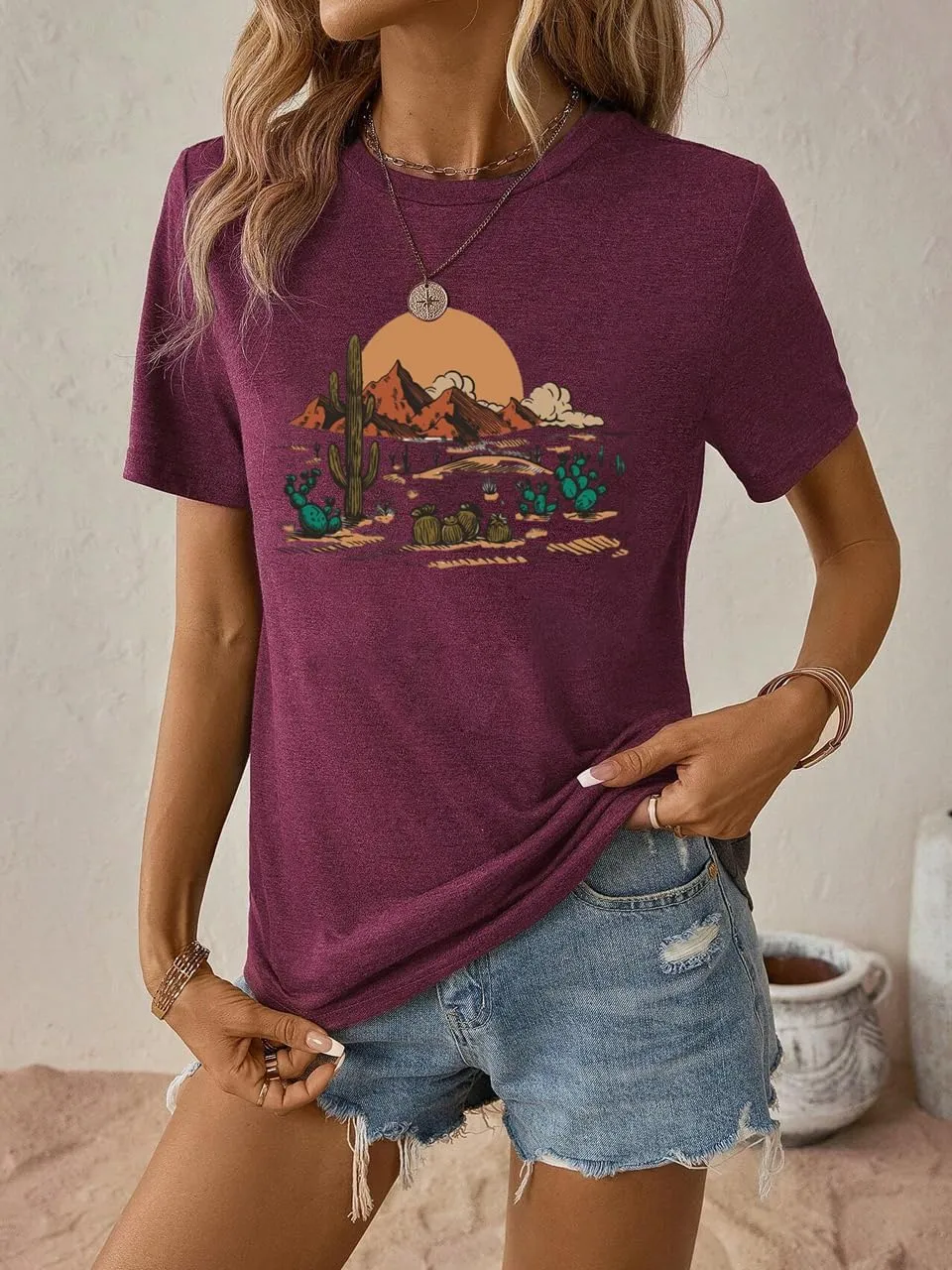 Women Adventure Shirts Western Retro Sunrise Desert T Shirt Funny Summer Climbing Short Sleeve Tee Tops
