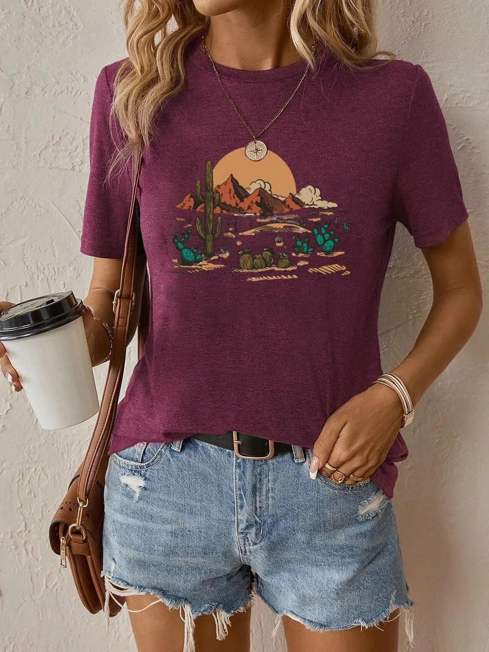 Women Adventure Shirts Western Retro Sunrise Desert T Shirt Funny Summer Climbing Short Sleeve Tee Tops